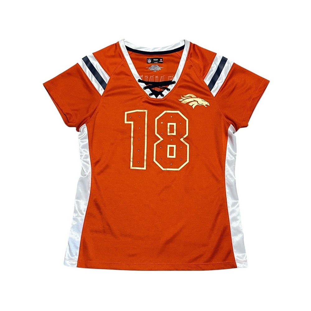 Denver Broncos NFL Team Apparel Peyton Manning #18 Women's Lace-Up T-Shirt SizeL